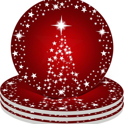 1 Silver Star Christmas Tree with Holiday Red Background Christmas Coasters Absorbent Ceramic Drink Coasters for Xmas Decor Soft Coasters Set of 4 Good White Elephant Gifts for Adults