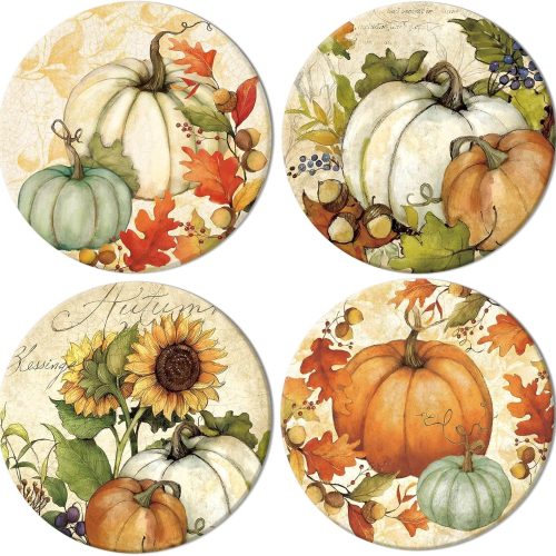 1 Whaline 4Pcs Fall Thanksgiving Coasters Vintage Autumn Pumpkin Ceramic Drink Coasters Absorbent Retro Harvest Cup Mat for Mugs Cups Home Kitchen Office Party Supplies