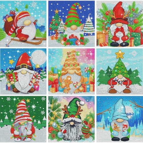 1 TecUnite 9 Pcs Christmas Diamond Painting Art Gnome Diamond Painting Kit for Beginners DIY Rhinestone Gem Crafts for Home Wall Decor 6 x 6 Inch (Classical)