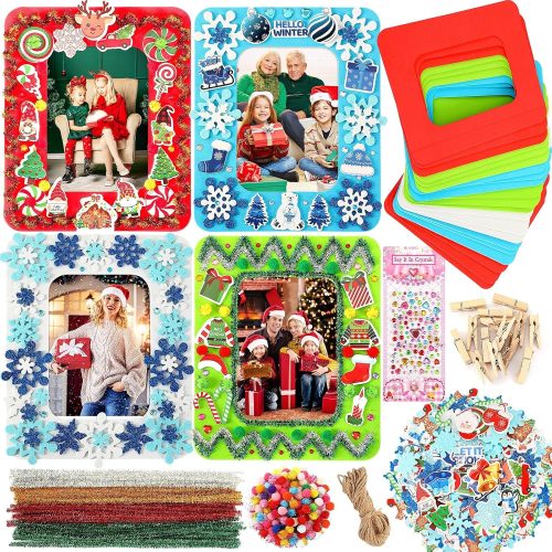 SANNIX 12 Sets Christmas Picture Frame Craft Kit for Kids Foam Photo Frames Self-Adhesive 200 Foam Stickers Picture Frame Crafts for DIY Winter Christmas Party Xmas Tree Ornaments