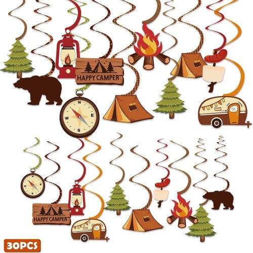 Levfla 30CT Happy Camper Party Hanging Swirls Decoration Camping Kids Birthday Photo Props Ideas Tent Cutouts Adventure S'More Whirls Signs Baby Shower Favor Supplies