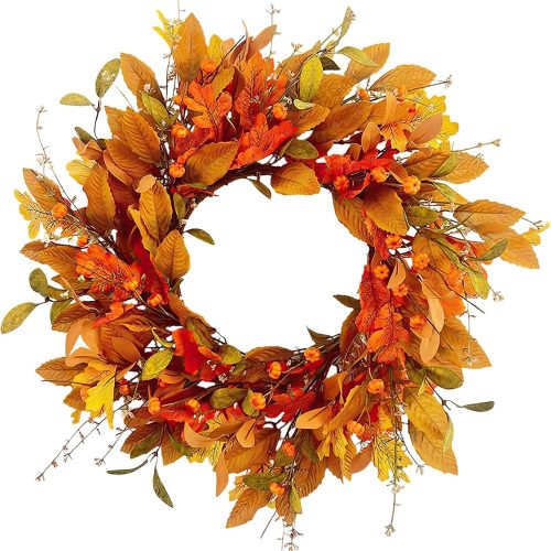 Fall Wreath for Front Door 22 Inch Artificial Autumn Pumpkin Wreaths with Orange Eucalyptus Maple Leaves Thanksgiving Harvest Fall Door Wreath for Indoor Outside Farmhouse Window Wall Decor