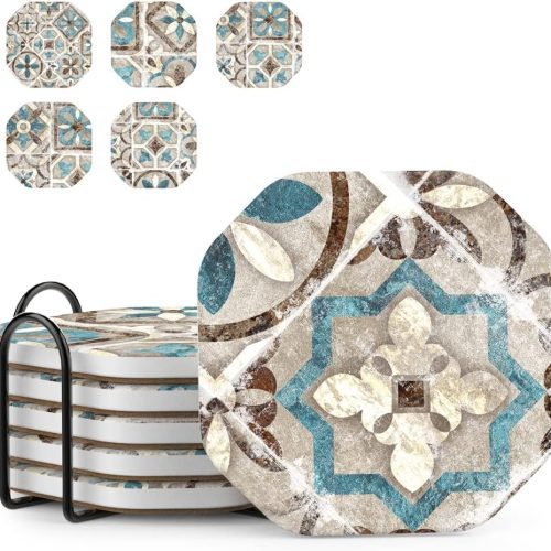 UMIRRO Drinks Coasters for Coffee Table Decor, Rustic Retro Boho Farmhouse Coasters, Absorbent Cup Mats for Wooden Table, Mandala Style, Unique Vintage Tile Design, Brown, 4", Set of 6