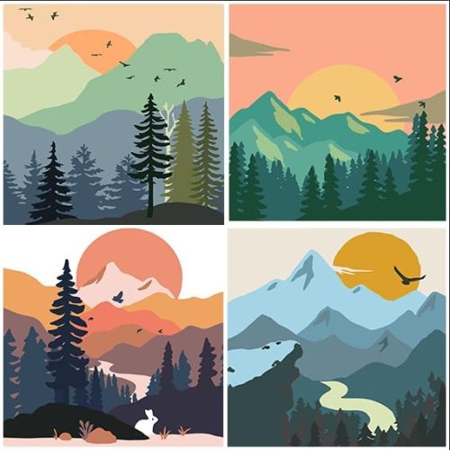 4 Pack Paint by Number for Adults, Easy Sunset Landscape DIY Arts and Crafts for Adults Beginner with Paints Brushes, Tree River Mountain Acrylic Paint Set for Home Decor 8×8 Inch