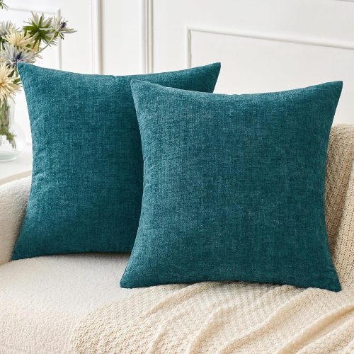 1 Pack of 2 Dark Teal Throw Pillow Covers 18x18 Inch Soft Chenille Pillow Covers for Sofa Living Room Couch Solid Dyed Cases