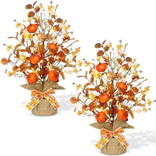 1 2 Pack & Timer - Lighted Fall Tree Tabletop Fall Thanksgiving Decor with 30 LED Battery Operated Artificial Eucalyptus Tree Pumpkins Floral Berry Burlap Base Fall Thanksgiving Decorations Home Indoor