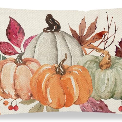 PANDICORN Fall Pumpkin Throw Pillow Cover 12x20 Inch Orange White Pumpkin Leaves Outdoor Farmhouse Cottage Decorations Autumn Lumbar Decorative Throw Pillow Case for Home Living Room Couch Decor