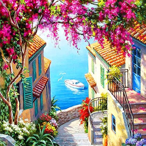 QIOUOL 5D Diamond Art Kits for Adults Beginners,Seaside Town DIY Painting with Round Full Drill Diamonds Painting Mosaic Gems Art for Home Office Wall Decor 12x16 Inch