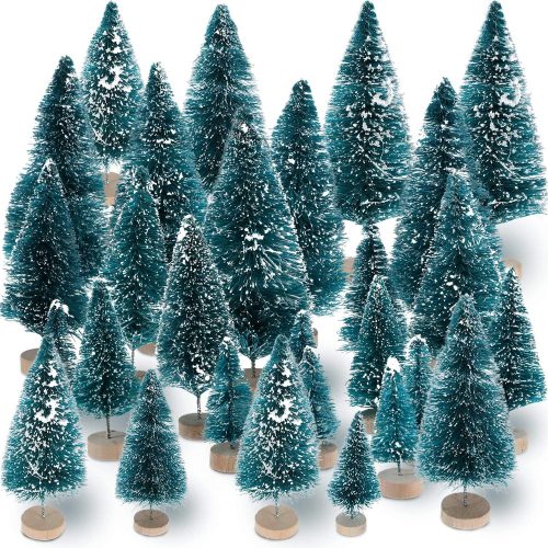 Sumind 45 Pieces Mini Sisal Snow Frost Trees Mini Pine with Wood Base Bottle Brush Trees Plastic Winter Snow Ornaments Tabletop Trees for Christmas Decoration and Display