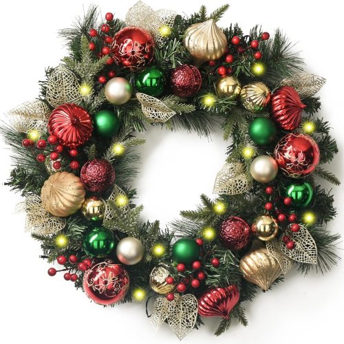 Valery Madelyn 24'' Pre-Lit Christmas Wreath for Front Door with Light, Large Lighted Outdoor Christmas Wreath with Red Green Gold Xmas Ball for Home Porch Fireplace Window Holiday Party Decor