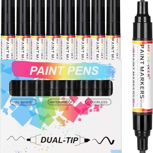 Black Paint Pen Paint Marker - 8 Pack Dual Tip Oil Based Permanent Markers, Extra Fine Tip & Medium Fine Tip (0.7mm & 3mm), Quick Drying, Waterproof, Marker Pen for Fabric (8 Black)
