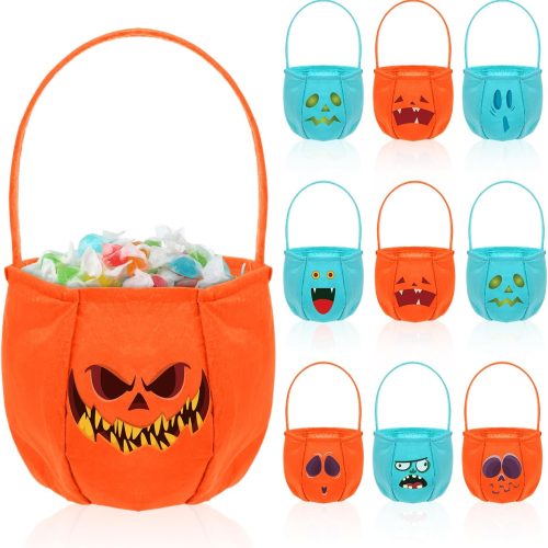 Wovnet 10 Pcs Halloween Trick or Treat Bags Pumpkin Candy Bucket Halloween Non-woven Candy Basket Tote with Ghost Vampire Skeleton Witch Pattern Cute Tote Bag for Classroom Family Party Favor Supplies