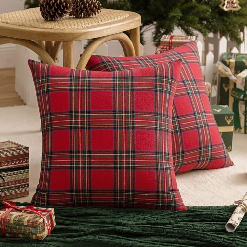 1 Pack of 2 Christmas Plaid Decorative Throw Pillow Covers Scottish Tartan Cushion Case for Farmhouse Home Holiday Decor Red and Green, 18 x 18 Inches