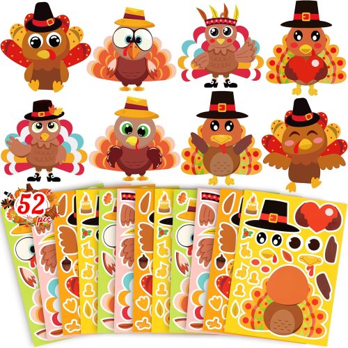 52pcs Thanksgiving Crafts for Kids, Make-A-Turkey Stickers Party Games/Favors/Supplies(Style 2)