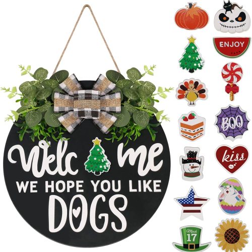 Interchangeable Wooden Seasonal Welcome Sign, Rustic Round Dogs Sign Front Door Wreaths for Home/Wall/Porch Decor, for Easter Spring Summer Fall Halloween Christmas All Season Decorations