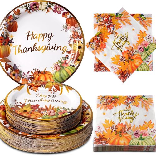 Dereinwo 150 Pcs Thanksgiving Paper Plates and Napkins Fall Pumpkin Autumn Party Plates Napkins Set Disposable Dinnerware Tableware for Thanksgiving Dinner Party, Serves 50