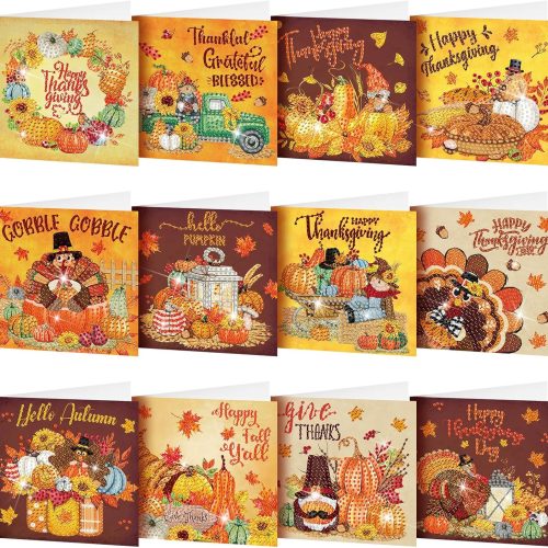 Saillong 12 Pack Fall Diamond Painting Greeting Card Kits DIY Thanksgiving Diamond Art Cards with Envelopes Pumpkin Turkey 5D Rhinestones Paint Card for Adults DIY Crafts Family Friend Birthday Gifts