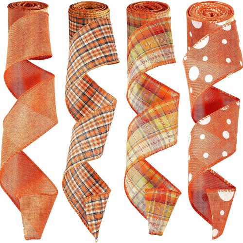 4 Rolls Fall Plaid Burlap Ribbon Thanksgiving Wired Edge Ribbon Wrapping Burlap Ribbon with Harvest Theme for Present Wrapping Fall Thanksgiving Home Decoration (2.48" Wide)