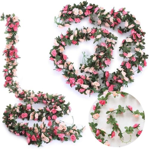 Fake Rose Vines Flowers Plants, 2 Pack 8.2 Feet Artificial Rose Flower Vine Hanging Flower Garland for Room Home Hotel Office Wedding Party Garden Craft Art Decor Pink