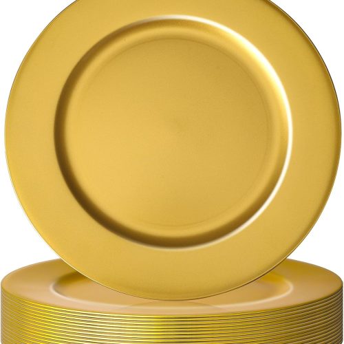 18 Pcs Golden Charger Plates Bulk,13 Inch Plastic Gold Dinner Round Tray Charger Tableware Dish for Table Setting Wedding Holidays Party Decor