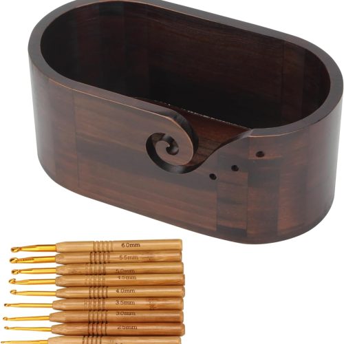 Wooden Oval Yarn Bowl with 3 Holes and 9pcs Knitting Hooks - Crochet Yarn Holder and Storage for Crocheters, Large Size Handmade