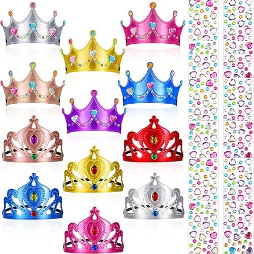 Yaomiao 22 pack DIY Crowns Set Include 12 Pcs Foam Princess Crowns and 10 Pcs Diamond Sticker for Kids