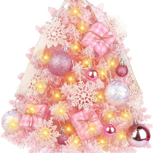 Mini Pink Christmas Tree with Lights, 2ft Artificial Small Table Top Christmas Tree with Bow, Ball Ornaments and White Tree Skirt, 24 Pcs DIY Xmas Decorations for Kids, Toddler Room