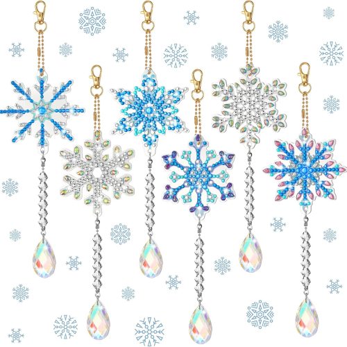6 Pcs Christmas Snowflake Diamond Art Kits Double Sided Winter Diamond Wind Chimes Art for Window Christmas Tree Decoration Snowflake Suncatchers for DIY Crafts Wonderland Decoration