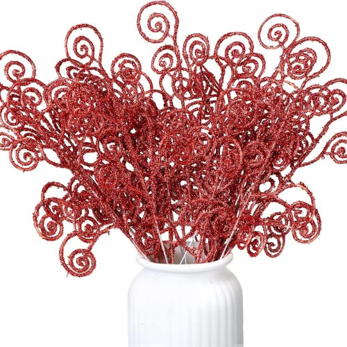 Ysleen 50 Pcs Christmas Glitter Tree Picks and Sprays Twigs Artificial Curly Stem Picks Ornaments 12 Inch Branches Sticks for Xmas Wreath Vase Fillers Gift Decoration(Red)