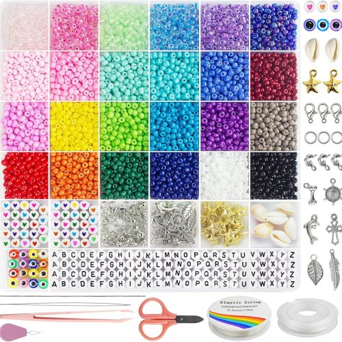 Redtwo 4mm Glass Seed Beads for Jewelry Bracelet Making Kit, Small Beads Friendship Bracelet Kit, Tiny Waist Beads with Letter Beads and Elastic String, DIY Art Craft Girls Gifts.