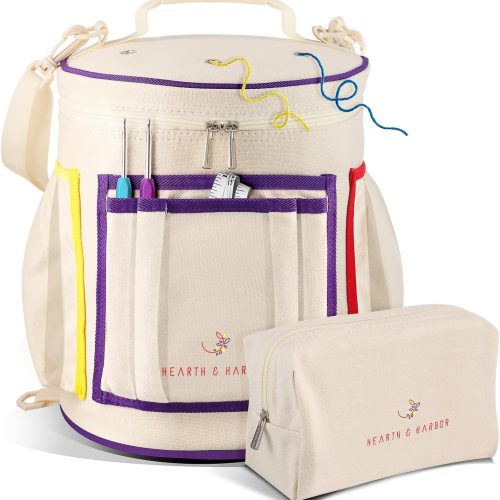 Hearth & Harbor Crochet Bag Organizer – Durable Knitting Bag, Yarn Organizer for Crochet Accessories and Supplies, Canvas Yarn Bag, Crochet Organizer with Accessories Case, Yarn Storage Organizer