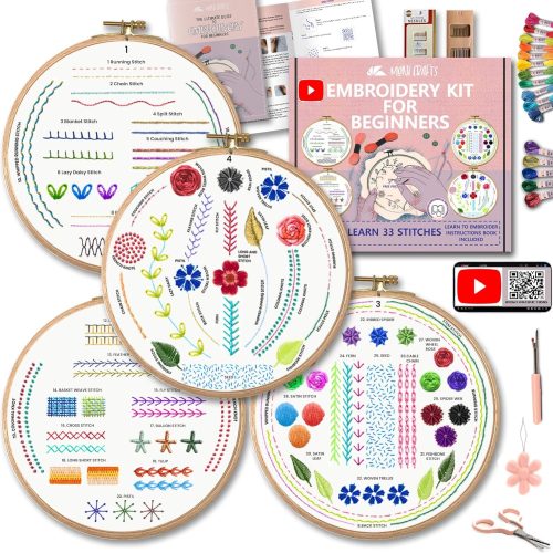 Moni Crafts Embroidery Kit for Beginners – DIY Hand Embroidery Set for Adults and Kids with 4 Stamped Patterns, Hoop, Threads, Needles and Step-by-Step Stitch Guide to Learn 33 Stitches