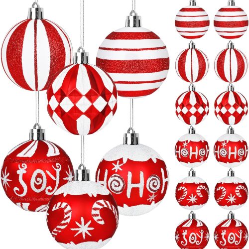 24 Pcs Christmas Ball Ornaments, 2.36 Inch Glitter Red and White Candy Cane Christmas Tree Ornaments Set Shatterproof Plastic Hanging Baubles for Xmas Tree Home Holiday Party Decorations