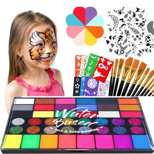 Non-Toxic Easy Face Painting Kits for Kids, Complete Painting Kit of 42 Vibrant Colors with Brushes Sponges Stencils Glitter Gems, Water-activated Make up Set for Halloween Birthday Party