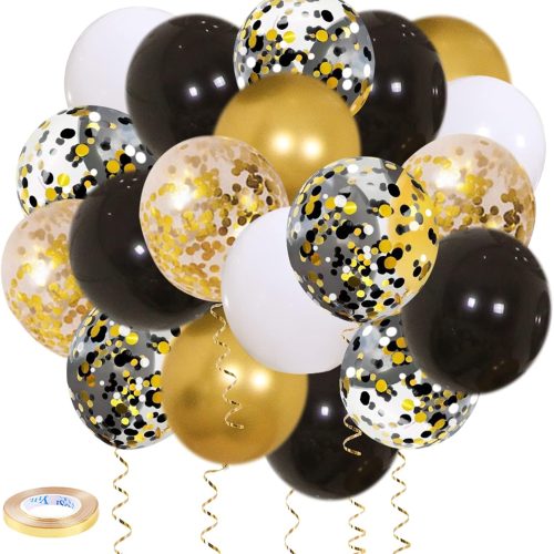 Zesliwy Black Gold Confetti Balloons 50 pack - 12 Inch Gold White and Black Confetti Balloons with Ribbons for Graduation Birthday Wedding Party Decorations
