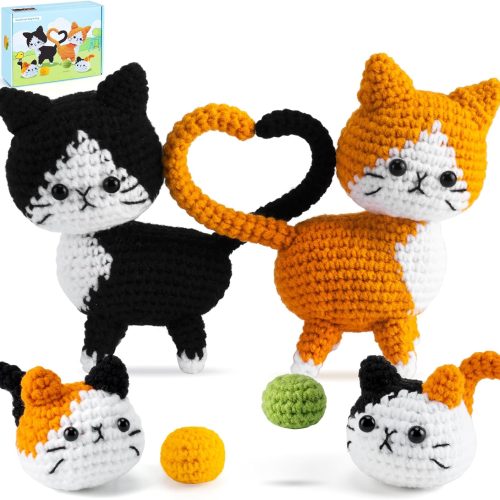 Auspicious beginning Cat Crochet Kit for Beginners-Crochet Kits 4PCS Cats Family Crochet Animals Kits with Step-by-Step Video Tutorials, Crochet Starter Kit Learn to Crochet Kits for Adults