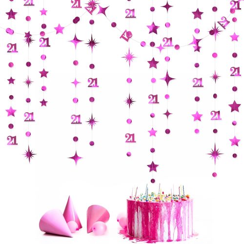Hot Pink Number 21 Circle Dot Twinkle Star Garland Metallic Hanging Streamer Banner Backdrop Decorations for Girls Happy 21st Birthday Hot Girl Finally Legal Bday 21st Anniversary Party Supplies