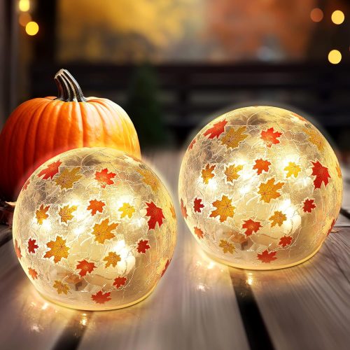 2 Pcs Thanksgiving Fall Lighted Decorative Glass Ball 3.9 inch Thanksgiving Crackle Glass Globe Ball with LED Lights for Home Party Table Centerpiece Fall Decor