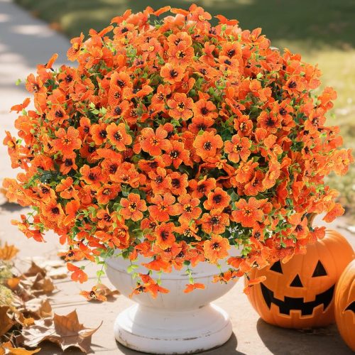 24 Bundles Fall Flowers Artificial for Decoration Outdoors, Fake Plants Autumn, Mums Daisy Eucalyptus Realistic UV Resistant for Garden Patio Porch Home Decor, Orange