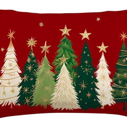 RABUSOFA Christmas Tree Pillow Covers 12x20 Inch,Watercolor Christmas Decorations Pillows Decorative Throw Pillows Stars Xmas Lumbar Cushion Case for Home Decor Couch Winter Holiday(4-Red)