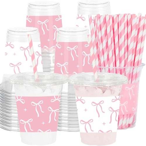 100Pcs Bow Plastic Cups with Lids and Straws Pink White Bowknot Clear Plastic Cups 12oz Coquette Disposable Cup for Birthday Wedding Party Supplies