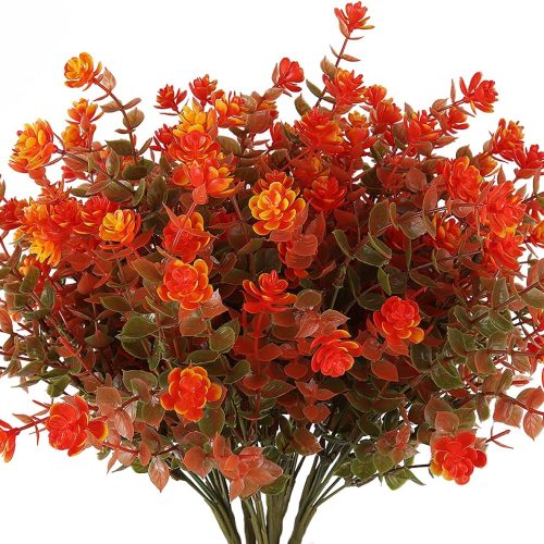 8 Bundles Artificial Fall Flowers No Fade Faux Autumn Plants, Fake Indoor Outdoor Greenery Decorations for Thanksgiving Christmas Wedding Party Home Garden Fireplace Décor (Green Orange)