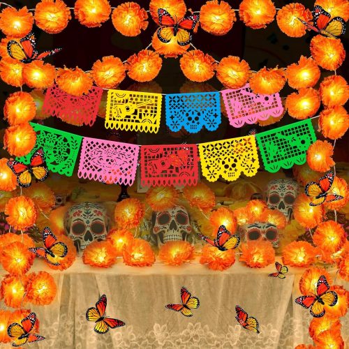 2 Pack Marigold Garland Day of The Dead Decorations Set, Total 20Ft 40 Lighted Artificial Marigold Flowers 24 Butterfly and 9 Plastic Papel Picado for Dia De Los Muertos Indian Diwali Altar Decor