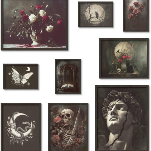 Putuo Decor Gothic Witchy Wall Decor Aesthetic, 9pcs Gothic Ghost Black Cat Wall Decor, Dark Academia Room Decor, Skull Bat Prints Gothic Poster for Gallery Bedroom, Gift for Gothic Lovers (Unframed)