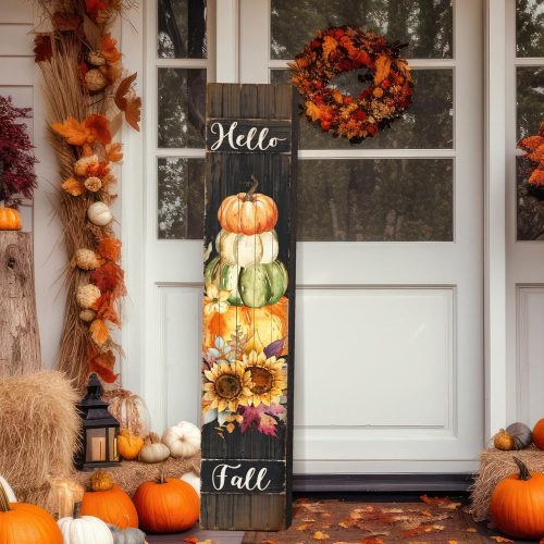 Farmhouse Thanksgiving Porch Signs Outdoor 47" Wooden Fall Thanksgiving Porch Decorations for Home Large Sunflower Pumpkin Fall Vertical Sign Outside Decoration for Autumn Party Decor Home