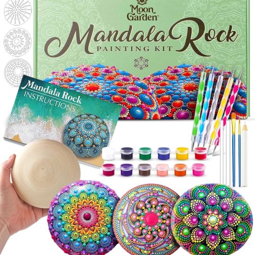 MoonGarden Mandala Rock Painting Kit - Mandala Dotting Tools Kit - Large Wooden Rocks for Painting, Stencils, Acrylic Paints, Dotting Tools for Rocks - Dot Art Kit for Adults & Kids
