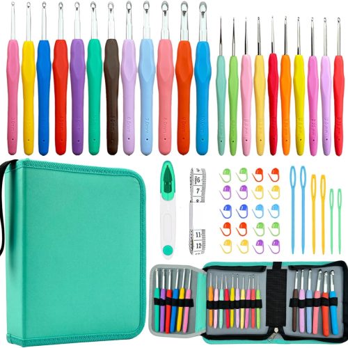 Hobekoee 22 Sizes Crochet Hooks Set with Sky Blue Case,0.5mm-10mm Ergonomic Soft Handle Crochet Hook Needles Set for Arthritic Hands,Complete Crochet Set