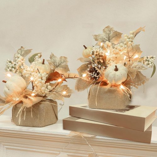 2 Styles & Timer Fall Decor - 2 Pack 11 Inch Tabletop Maple Tree Thanksgiving Fall Decorations for Home, Lighted Fall Tree with 20 LEDs Battery Powered Leafed Pumpkin Cones Berry Halloween Decorations