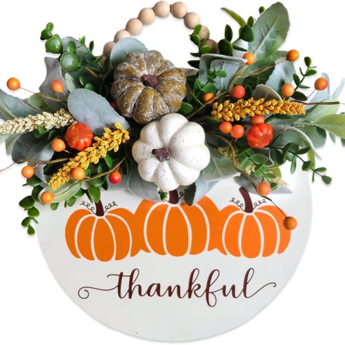 Thankful Wooden Wreaths Sign with Artificial Green Plant Decoration, Berry and Pumpkins Farmhouse Entrance Outdoor Art Wall Decor