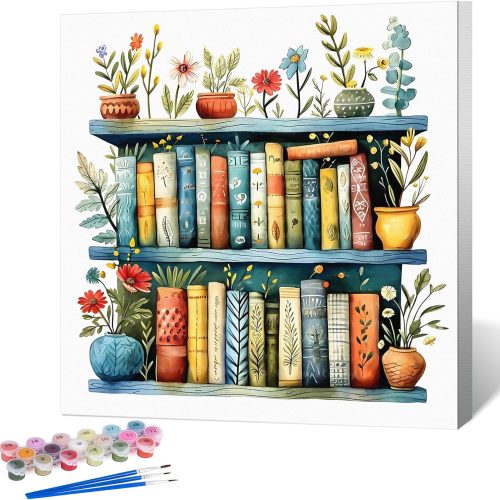 Framed Paint by Numbers Kit for Adults Beginner Bookshelf, Adult Paint by Number Kits on Canvas Framed, DIY Acrylic Oil Painting by Numbers with Frame, Book for Home Decor Gift 10 X 10 Inch